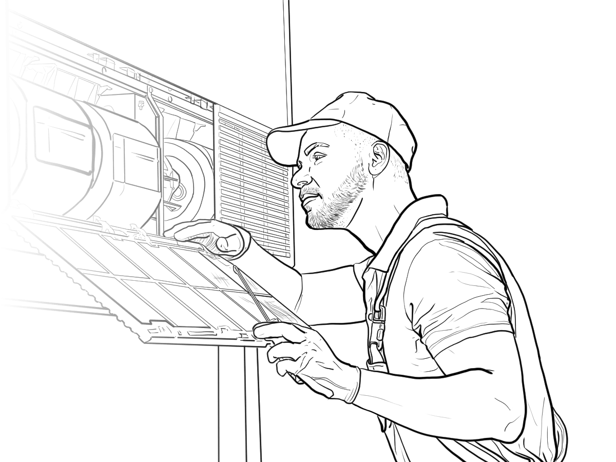 A sketch of an HVAC Technician working on an AC unit.