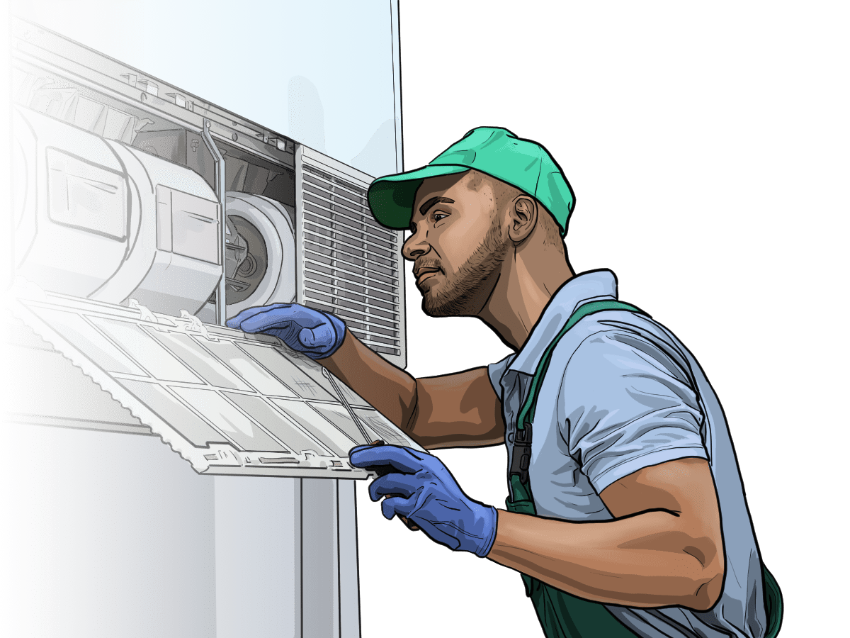 A more detailed sketch of an HVAC Technician working on an AC unit.