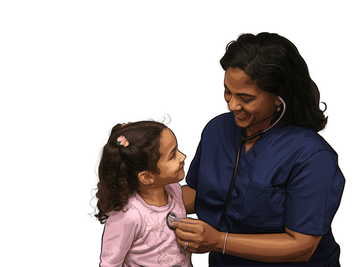 A sketch of a Medical Assistant listening to a child&#039;s heartbeat through a stethoscope, which is becoming more photorealistic.