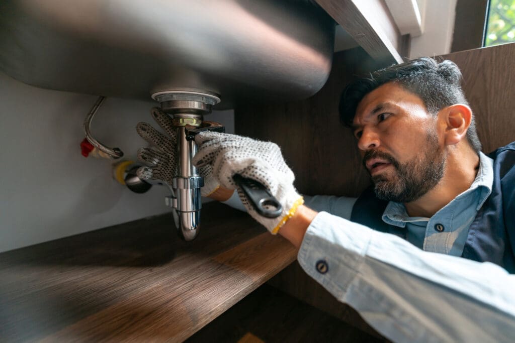 Latin American plumber fixing a leak in the kitchen sink